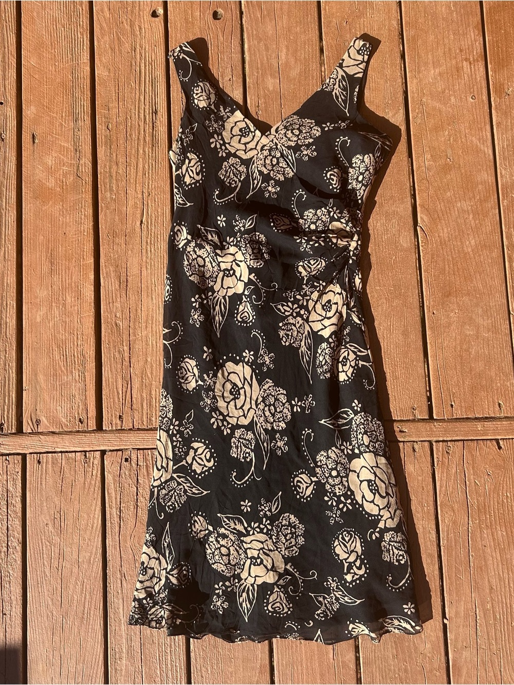 Vintage Lauren Ralph Lauren Silk Cocktail Dress Floral Neutral Beige Black 90s